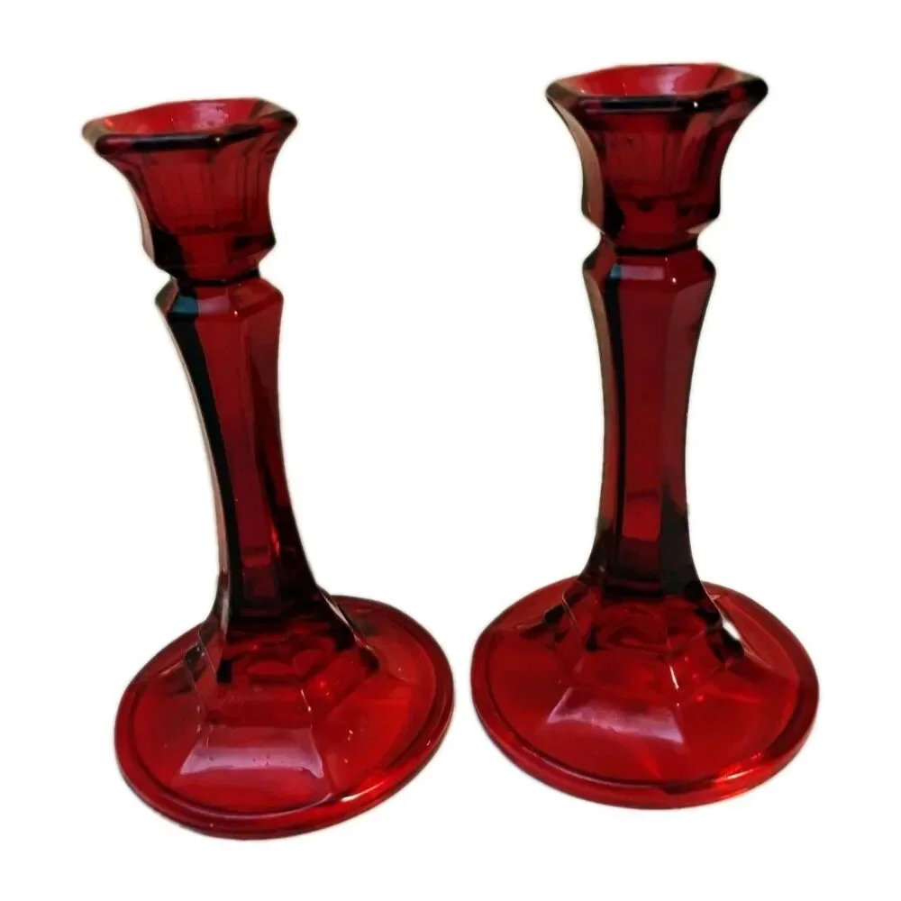 Vintage Indiana Glass Ruby Red Candlesticks for taper candles 6 Inches Tall
